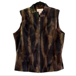 JORDAN Size Small Black & Brown Animal Print Faux Fur Double Zip Lined Vest